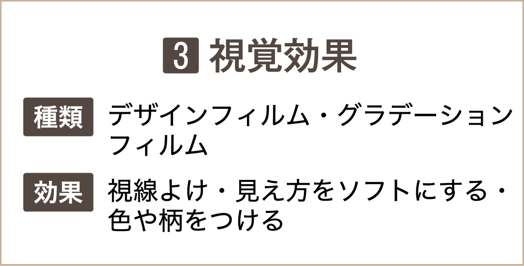 【3.視覚効果】■種類：デザインフィルム・グラデーションフィルム　■効果：視線よけ・見え方をソフトにする・色や柄をつける